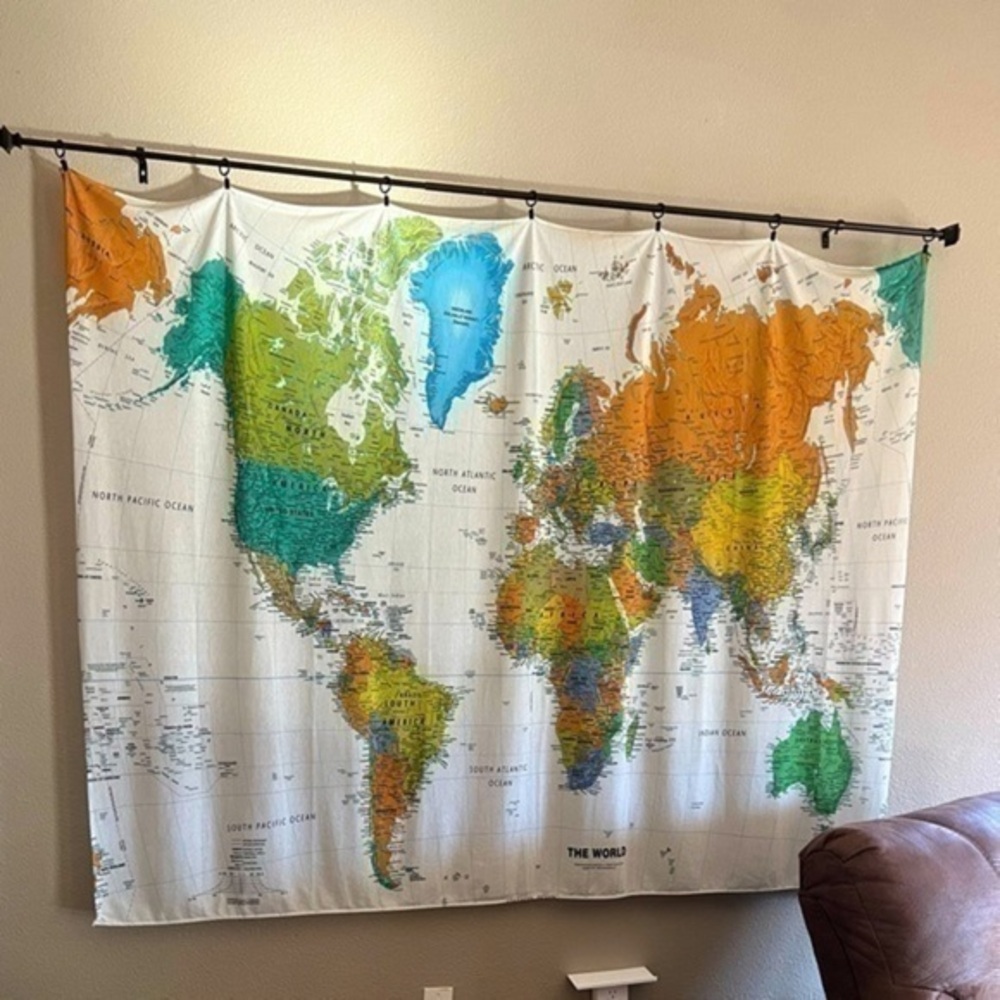 World map tapestry wall hanging with clips. Rod not included.